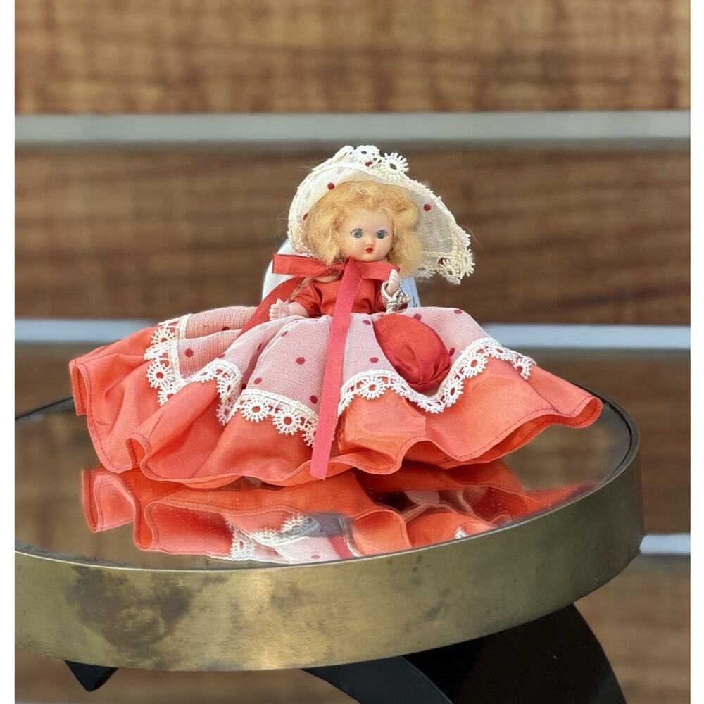 Vintage Nancy Ann Storybook Doll Coral Red Polka Dot Lace Dress Hat Bisque